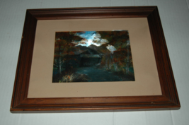 Vintage Wood Framed Foil Covered Bridge Trees Fall Picture  14x11 - £19.65 GBP