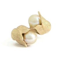 Vintage 1940&#39;s Two Pearl Flower Bypass Cocktail Ring 14K Yellow Gold, 9.... - £957.54 GBP