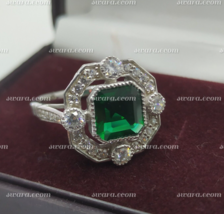 White Gold Plated Art Deco 2CT Asscher Lab-Created Green Emerald Engagement Ring - £62.50 GBP