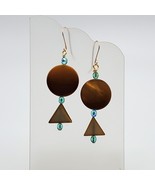 Dangle Earrings with Gold Mother of Pearl Discs Triangles Aqua faceted r... - £11.99 GBP