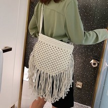 Fashion tassel straw bag cotton thread fan crossbody woven beach bag wild casual - £27.28 GBP