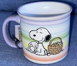 Colorful Stripes 19oz Coffee Mug Snoopy &amp; Easter Bunny Basket Eggs New Cup 2023 - £15.61 GBP