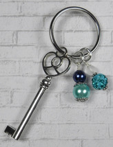 Skeleton Key Heart Glass Clay Beaded Handmade Keychain Split Key Ring Aqua Blue - £11.60 GBP