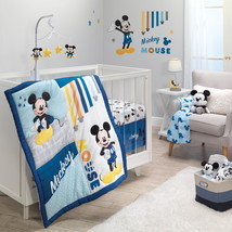 3-PC Crib Bedding Set Mickey Mouse Blue Nursery Baby Quilt Blanket Sheet Skirt - £97.51 GBP