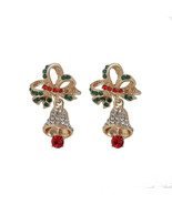 XMAS IN JULY!! Gold Christmas Bell Earrings Rhinestone Drop Pierced  RED... - £8.54 GBP