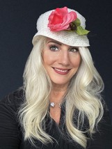 James Campbell VTG Ladies Hat White Lace w Pink Rose 1950s OS Garden Party - $45.84