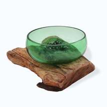 Molton Recycled Beer Bottle Glass Large Wide Bowl On Wooden Stand - £39.30 GBP