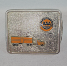 Belt Buckle Safe Driver AAA Trucking Corp Silvertone Orange Enamel Vintage 1980s - £9.72 GBP