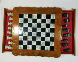 Carved Wood Chess Set Foldable Board Chinese Vintage Painted Tiles Dragons - $215.00
