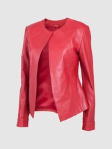 New Red Color Leather Collar &amp; Zip Less jacket For Women - £157.26 GBP