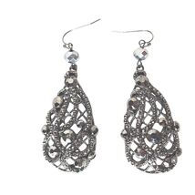Vintage Filigree Silver Tone Faceted Teardrop Open Faced Dangle Drop Ear... - $22.18