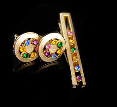 Vintage Wedding cufflinks / rhinestone tie clip / Anson karatclad jewelry / gold - £121.62 GBP