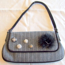 Small Gray Wool Blend Purse with Button, bead and Feather Embellishments - $7.99