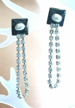 Faux Pearl, Black Enamel &amp; Crystal Rhinestone Loop Pierced Earrings 1970... - £9.61 GBP