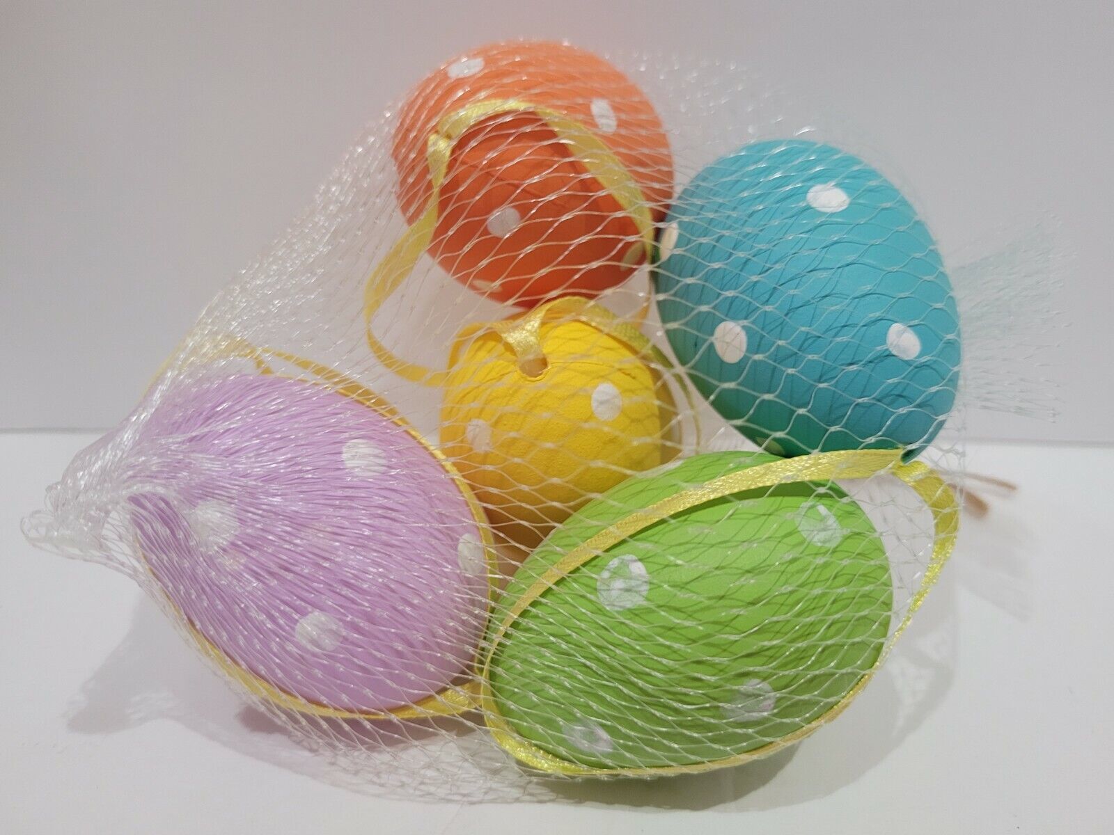 Primary image for Easter Pastel Polka Dot Yellow Lavender Egg Tree Ornaments 2.5" Set of 5