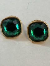 VINTAGE 1980s SWAROVSKI CLIP ON EARRINGS GREEN CRYSTAL &amp; GOLD TONE - $29.65