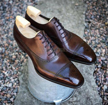Handmade Men&#39;s Leather Oxfords Wingtip Brown lace up Stylish Dress New Shoes-180 - £171.83 GBP