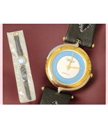 Vantage NOS Watch Leather Band Gold Silver Turquoise Needs Battery - £64.72 GBP