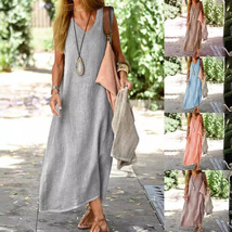 Women&#39;s Plus Size Sleeveless Dress,Summer Cotton and Linen V- neck Long Dress - £38.39 GBP