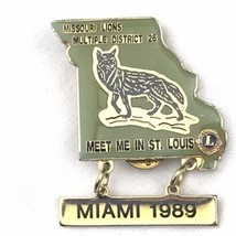 Lions Club Vintage Pin Miami 1989 Missouri State Shape Wolf Green Gold Tone - $10.00