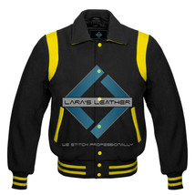 Black Varsity Full Wool Letterman College Jacket &amp; Real Leather Shoulder... - $79.99