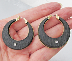 Vintage Liz CLAIBORNE Black Wood &amp; Rhinestone Big Vintage Hoop Earrings - $12.82