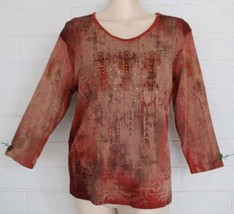 Cactus Bay XL Rust Tan Petroglyph Silver Studs Pullover Cotton Knit Top USA - $17.82