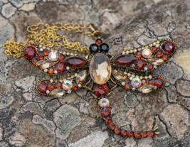 Dragonfly Brooch Orange Necklace Chain Gold Rhinestone Insect Large Statement - £16.26 GBP