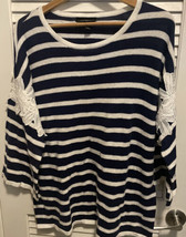 Lane Bryant Womens Sweater Size 14/16 Blue Pullover Striped Lace Trim 3/... - $13.86