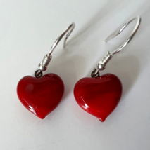 Murano Glass,Handcrafted Unique Jewelry,925 Sterling Silver, Red Heart Earrings - $23.28