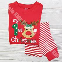 First Christmas pajamas - Red and White baby Christmas pajamas -  Reindeer  Kids - £20.06 GBP