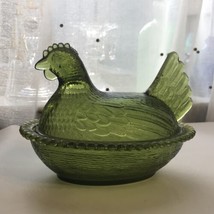 Indiana Green Glass Hen / Chicken, On Nest,  Candy/Trinket, Dish/Bowl w/ Lid - £16.44 GBP