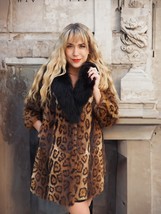 Leopard Print Nutria Fur Coat With Black Fox Collar S Fast Shipping - £354.78 GBP