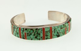 Navajo Channel Inlay Cuff Bracelet w/Turquoise &amp; Coral 43.6gr - £474.81 GBP