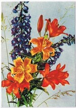 Postcard Bouquet Of Flowers Tiger Lilies Larkspur - $2.96