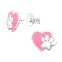 Pink Heart and Paw Print 925 Silver Stud Earrings for Kids - £11.23 GBP