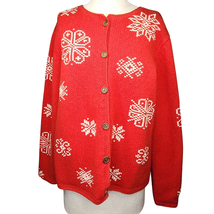 Red Wool Cardigan Snowflake Sweater Size Large  - £35.52 GBP