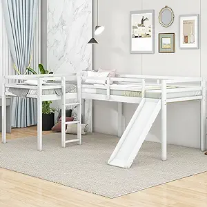 Twin Size L-Shaped Loft Bed With Ladder And Slide For 2 Kids Teens - $655.99