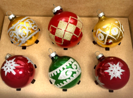 Vintage Glass Christmas Ornaments Lot 6 Stenciled Glitter Balls 2&quot;-2.5&quot; USA  - £23.51 GBP