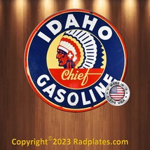 Vintage Gas &amp; Oil Idaho Gasoline Chief Reproduction Circle Aluminum Sign - $17.79