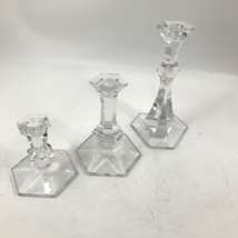 Set of 3 Vintage VAL ST LAMBERT Crystal Candlesticks 9&quot;7&quot; 5&quot; Signed Hexagon Base - £45.43 GBP