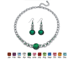 Round Simulated Birthstone May Emerald Necklace Drop Earrings Silvertone - £78.65 GBP