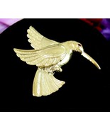 HUMMINGBIRD PIN Vintage Red Rhinestone Brooch Humming Bird Flying Goldto... - £11.76 GBP