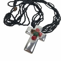 Vintage Cross Necklace Southwestern Seed Bead strands Westerncore boho Pendant - £15.91 GBP