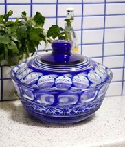 Vtg Czech-Bohemian Style Cobalt Blue Cut to Clear Crystal Lidded Bowl Ca... - $44.55