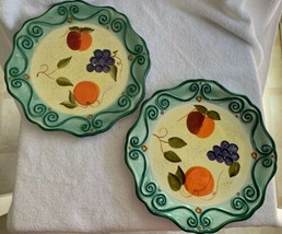 Tabletops Unlimited Medici 2 Round Dinner Plates Green Fruit 92521 Scrol... - $39.99