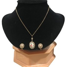 Vintage Rose Flower Enamel Rhinestone  Screw Back Earrings &amp; Necklace Go... - £47.40 GBP