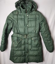 Tommy Hilfiger Women L Down Green Zip Snap Button Long remove Hood Jacket - $84.65