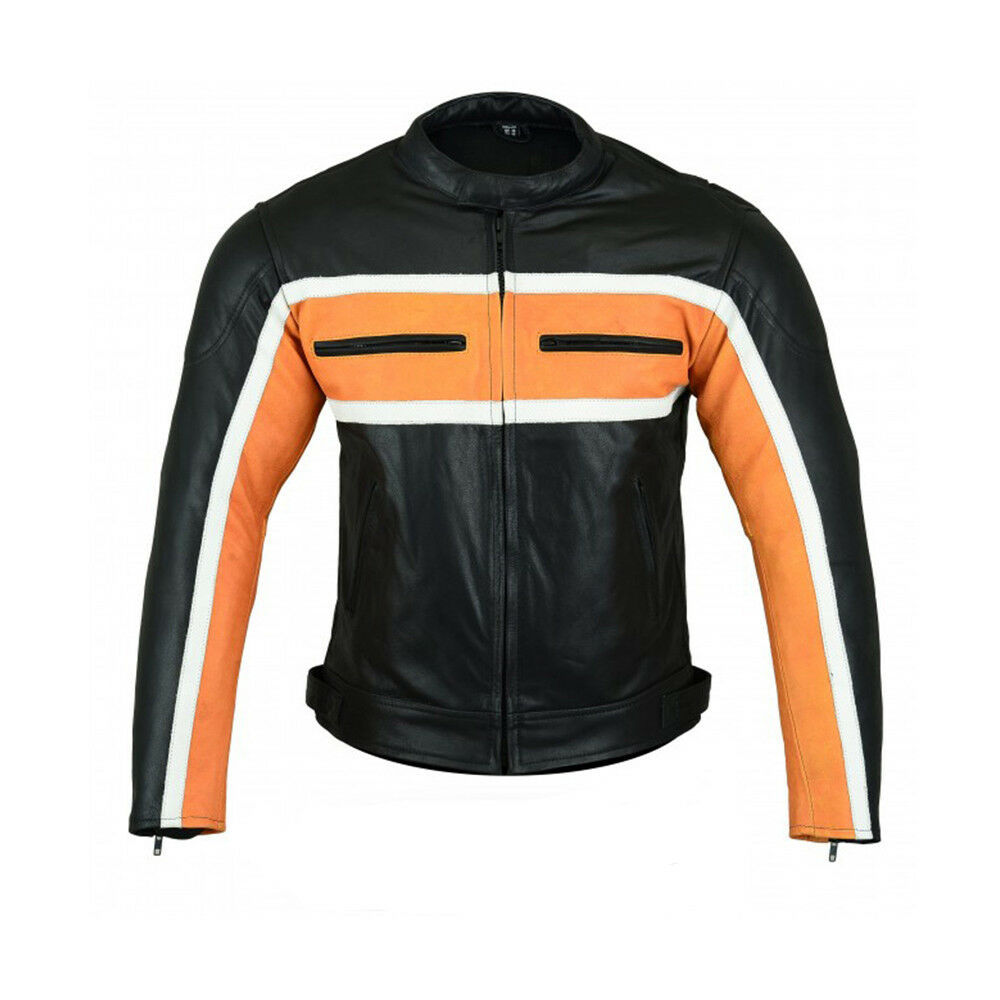 Men Black Orange Biker White Stripes Genuine Cowhide Leather Safety Pads Jacket