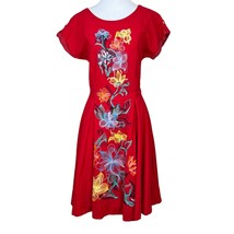 IVKO Dress S Red Embroidered Floral A-Line Short Sleeve Knee Length Cott... - £86.51 GBP